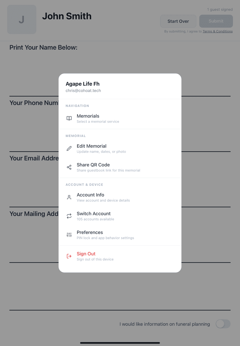 Navigation menu with export and sharing options