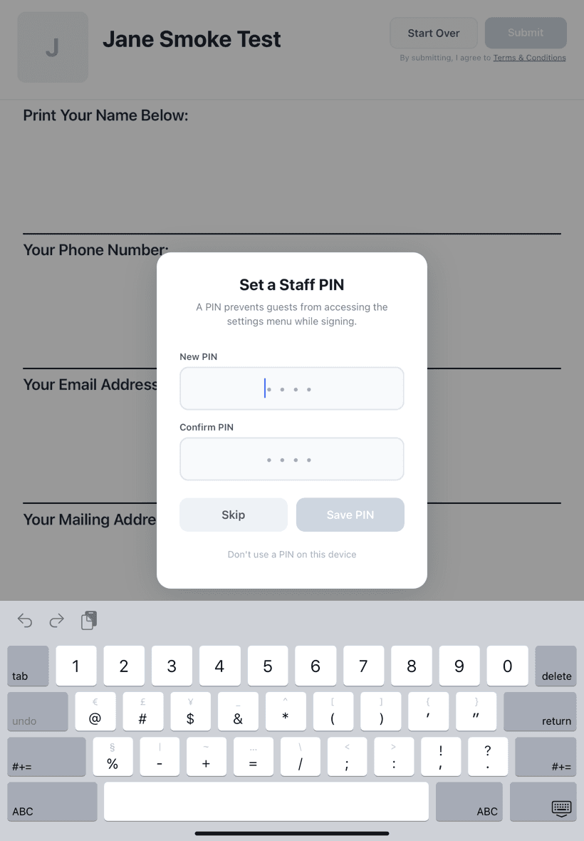 PIN setup modal for staff protection