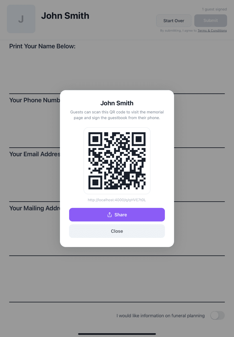 QR code sharing modal for memorial guestbook