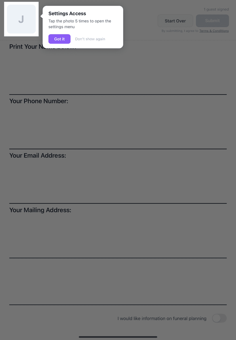 Settings access hint showing how to open the menu