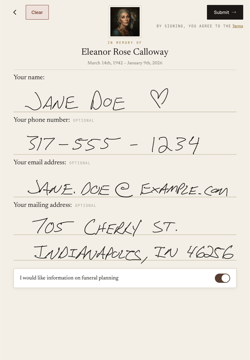 The guestbook open on an iPad held upright: beneath a memorial portrait for Eleanor Rose Calloway, a guest has signed their name, phone number, email, and mailing address by hand, with the planning-ahead toggle switched on.