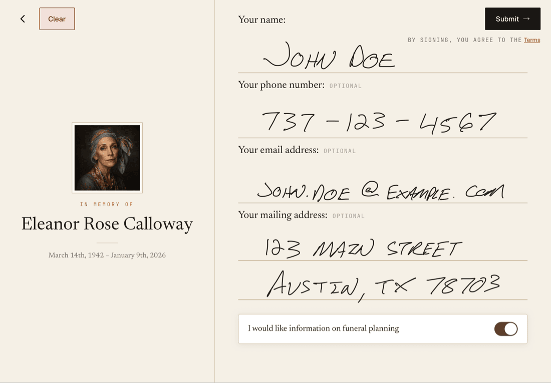 The guestbook open on an iPad: beside a memorial portrait for Eleanor Rose Calloway, a guest has signed their name, phone number, email, and mailing address by hand, with a toggle to ask about planning ahead.