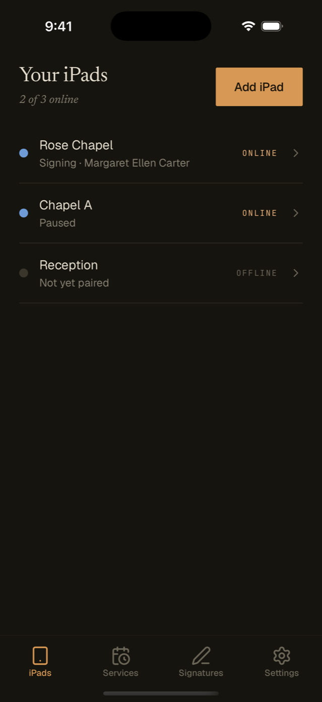 The funeral home's iPads listed on an iPhone: Rose Chapel signing, Chapel A paused, Reception not yet paired.