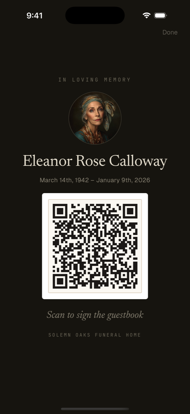 An iPhone showing a memorial placard for Eleanor Rose Calloway: her portrait, her dates, and a QR code above "Scan to sign the guestbook."